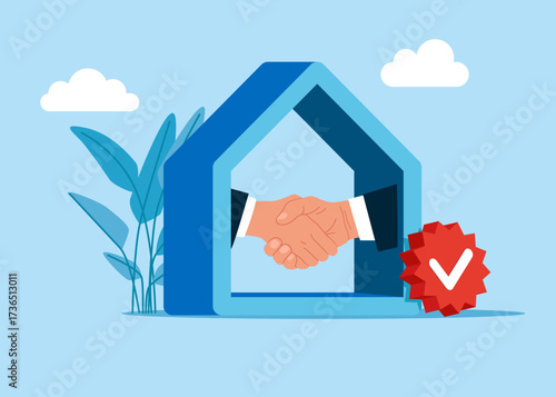 Shaking hand after business deal. Purchase and pick real estate home. Safe property purchase deal, transaction security. Vector flat illustration