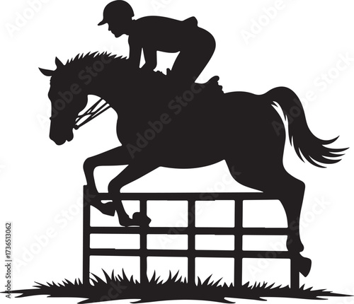 Black silhouette of horse and rider jumping over fence