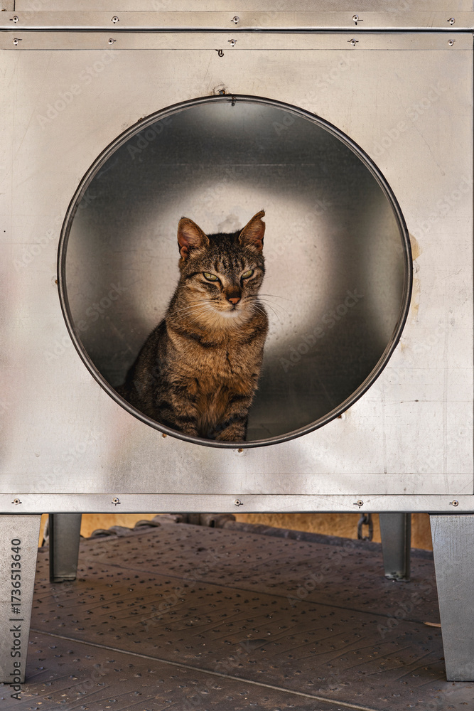 custom made wallpaper toronto digitalBrown tabby sitting inside round metal opening, calm curious look, soft light and shadow on industrial shelter