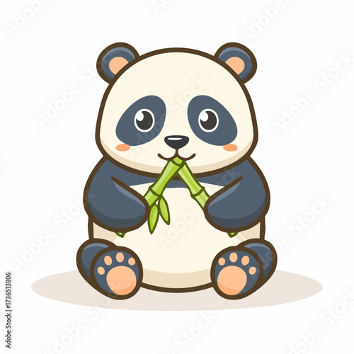 Charming illustration of a friendly baby panda chewing on bamboo. Cute and plump animal character in a simple vector cartoon style