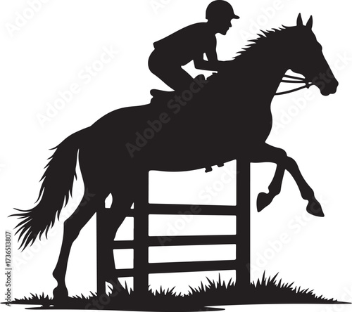 Black silhouette of horse and rider jumping over fence