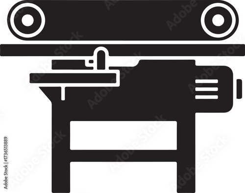 Solid Black Silhouette Icon of Industrial Woodworking Jointer Planer Machine with Belt System.
