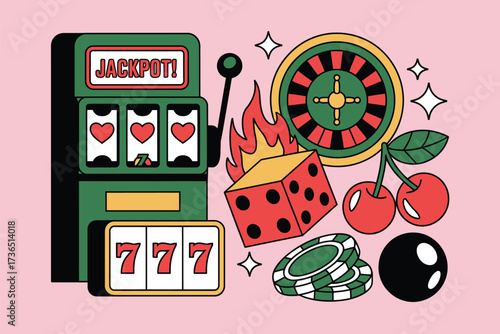 Vibrant vector illustration of retro casino elements jackpot slot machine, spinning roulette wheel, flaming dice, and lucky charms, for gambling game and entertainment design