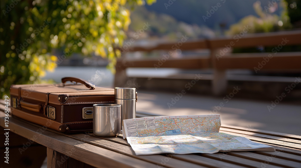 Obraz premium In a rural bus stop, a packed suitcase, its fabric frayed, rests on a wooden bench, its slats weathered, with no one around. A paper map, its folds creased, lies beside a metal thermos, its cap dent