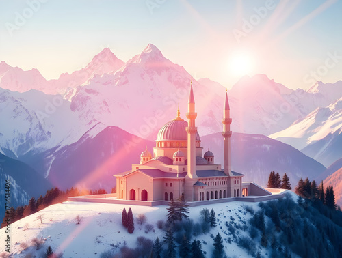Origami-Style Digital Painting of a Snowy Mosque in Majestic Mountains
