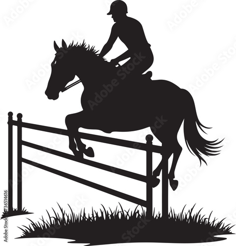 Black silhouette of horse and rider jumping over fence