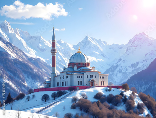 Origami-Style Digital Painting of a Snowy Mosque in Majestic Mountains