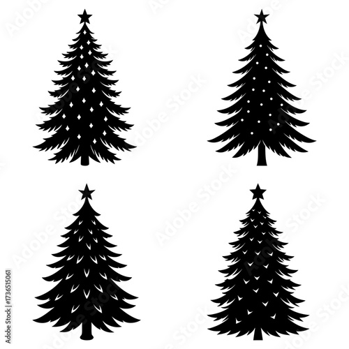 Four christmas trees silhouettes with star toppers and decorative elements in black and white design