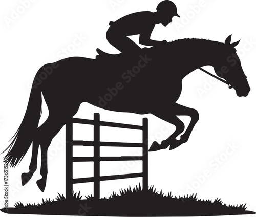 Black silhouette of horse and rider jumping over fence