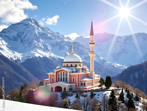 Origami-Style Digital Painting of a Snowy Mosque in Majestic Mountains