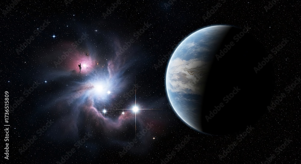 Fototapeta premium Exoplanet orbiting a star with nebula and galaxy in deep space