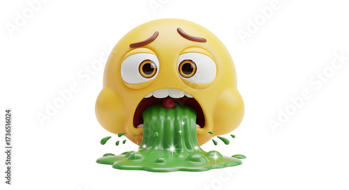 A 3D rendered yellow emoji face with a disgusted expression, throwing up green vomit on a white background.