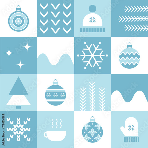 Winter Geometric Square Pattern. Seamless Checkered Print with Winter Things. Christmas Abstract Background. Template. Set. Patchwork. Christmas Ball, Snowflake, Hat, Glove, Cup. Vector in Blue, White