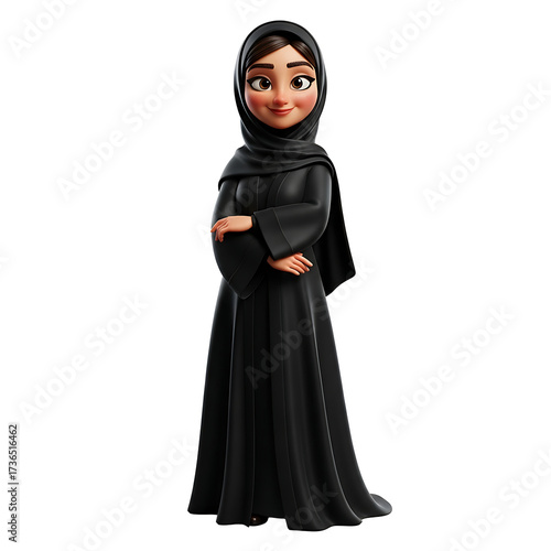 Cartoon woman wearing a black hijab and abaya, standing with arms crossed.