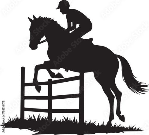 Black silhouette of horse and rider jumping over fence