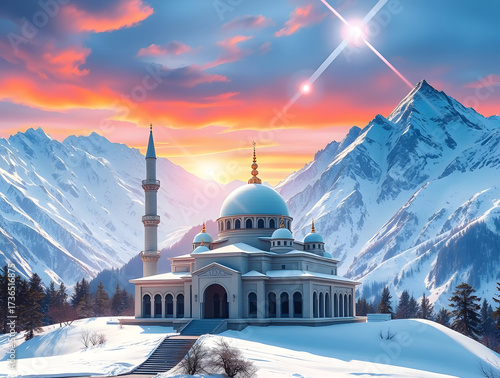 Origami-Style Digital Painting of a Snowy Mosque in Majestic Mountains