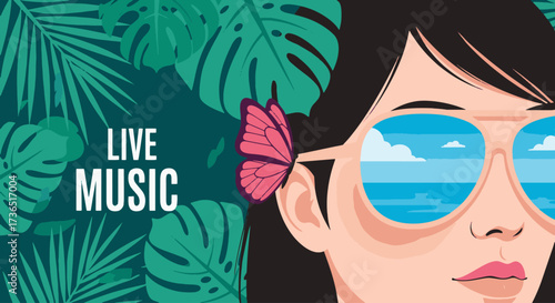 Escape to paradise with vibrant live music vibes featuring lush tropical foliage, a stylish woman, and a dreamy ocean view reflected in her sunglasses for summer events