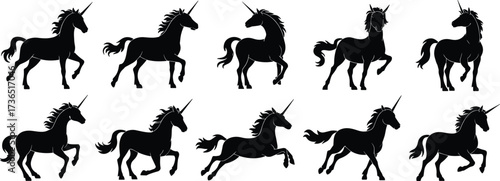 Unicorn silhouettes, mythical creatures, fantasy icons, magical animals, black figures, galloping unicorns, rearing poses, prancing motion, flowing mane, enchanted theme