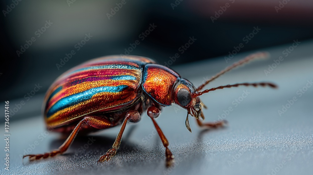 Naklejka premium A vibrant beetle with striking red and blue stripes is seen moving on a shiny metallic surface under natural light. Its intricate features and colors are prominent showcasing its unique beauty.