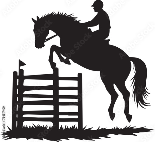 Black silhouette of horse and rider jumping over fence