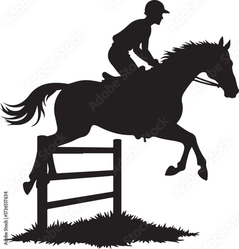 Black silhouette of horse and rider jumping over fence