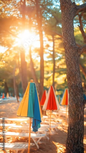 Sunlit beach scene with colorful umbrellas, trees, and sun filtering through foliage