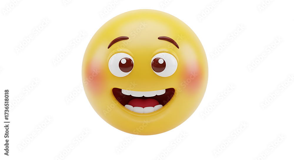 Fototapeta premium A vibrant 3D rendered emoji with a cheerful expression, showing a wide open mouth and rosy cheeks.
