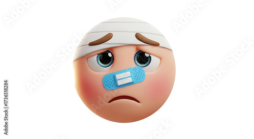 A sad, cartoonish face with a bandage on its nose and a head wrap.