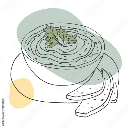 vector illustration of beet hummus dip with crackers