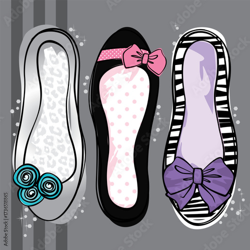 Vector cute girls shoe print. Artwork features 3 sketched shoes with a variety of colours and patterns on a white background. Apparel graphic artwork. Hand drawn illustration.