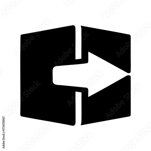 A bold icon of an arrow exiting a box, symbolizing process completion