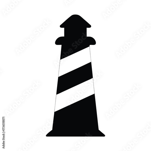 Iconic silhouette of a classic lighthouse with diagonal stripes on a white background
