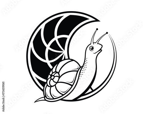 A whimsical black and white illustration of a snail with a spiraled shell, positioned against a crescent moon featuring a circular geometric design