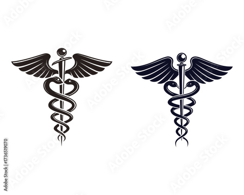 Two stylized caduceus symbols, one dark gray and one navy blue, are displayed side by side against a white background.