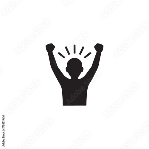 A silhouetted person with arms raised in a victorious celebration pose.