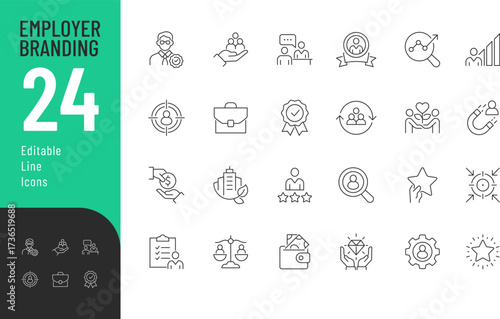 
Employer Branding Line Editable Icons set. Vector illustration in modern thin line style of business related icons: reputation, value proportion, retention, and more. Isolated on background
