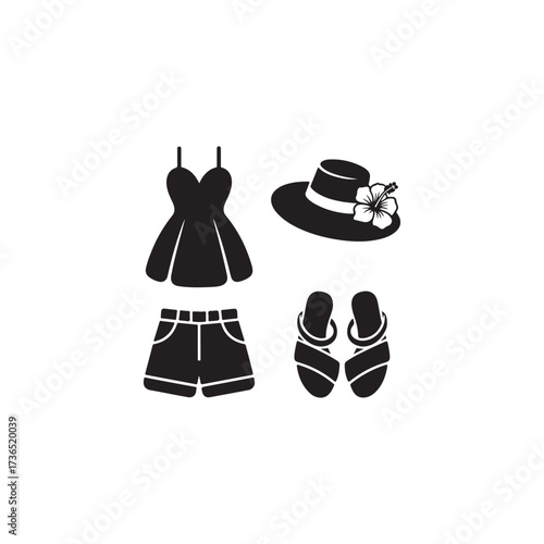 Summer fashion collection dress shorts hat and sandals icon set.