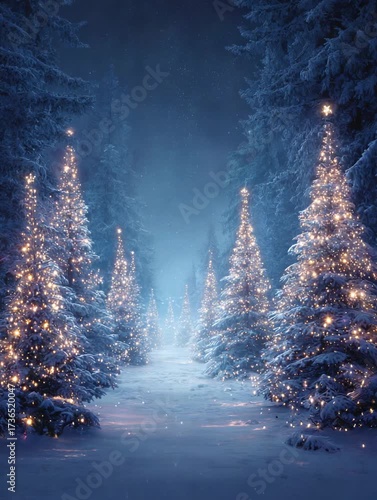 Magical winter forest with Christmas trees decorated with glowing lights under night snowfall scenery