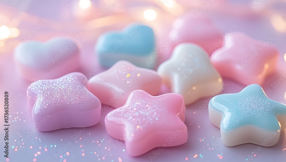 Obraz premium Pastel heart, star candies glimmer on a soft pink background