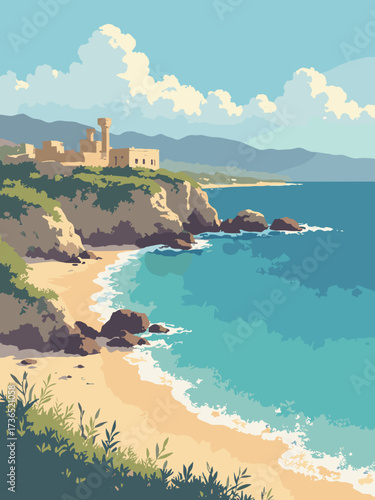 Cyprus Coast – golden beaches framed by cliffs and ancient ruins above, no people