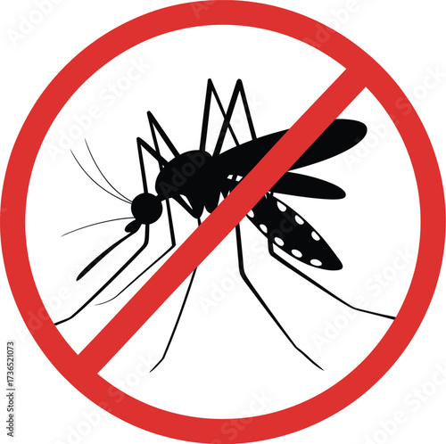 Vector illustration of a mosquito with a prohibition sign indicating mosquito control and disease prevention efforts to promote public health and safety from mosquito borne illnesses