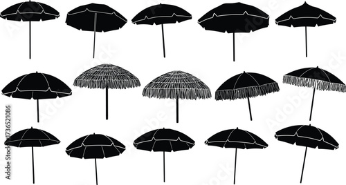 Beach umbrella silhouettes, summer shade icons, tropical parasol collection, vacation canopy designs, seaside sun shelter, outdoor decor, travel illustration pack
