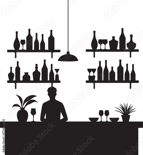 Silhouette bar interior with bartender and shelves of bottles