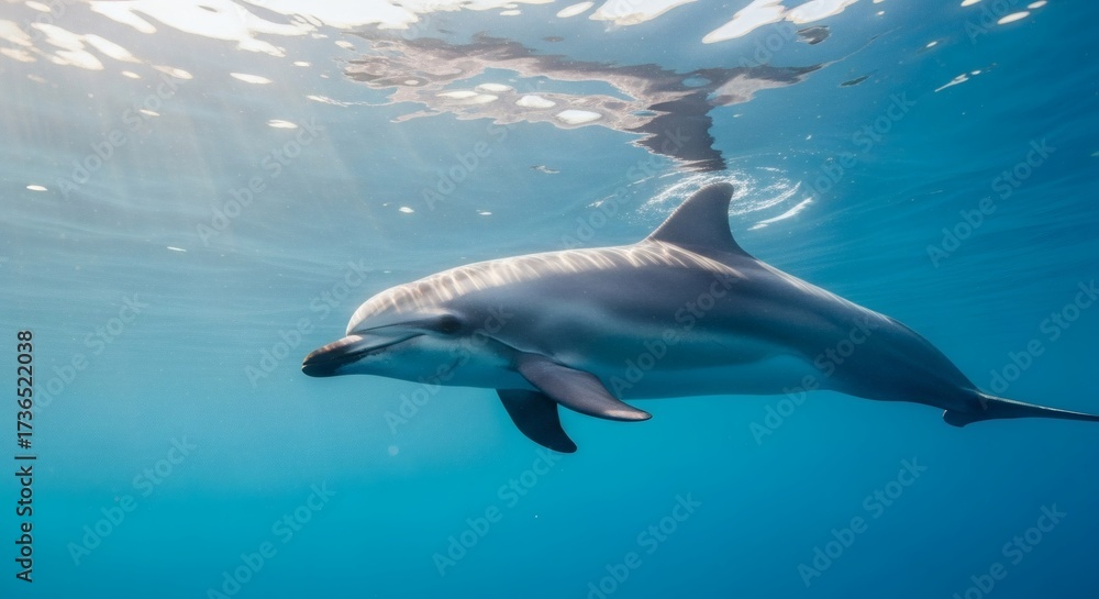 Obraz premium Dolphin swimming underwater in blue ocean water wildlife marine life aquatic animal sea mammal photography