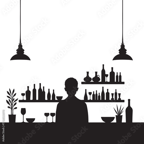 Silhouette bar scene with bartender bottles and glasses