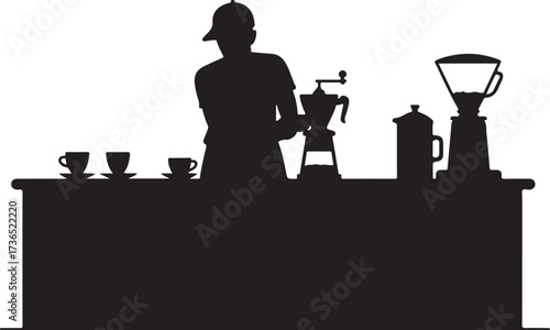 Silhouette of a barista preparing coffee with grinder and cups