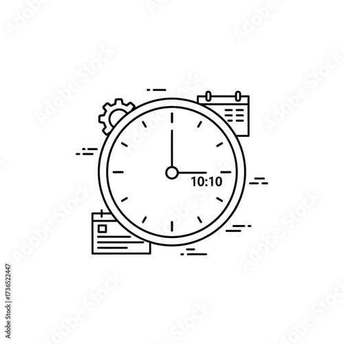 Wallpaper Mural A simple black and white illustration of a clock, calendar, and gear representing time management. Torontodigital.ca