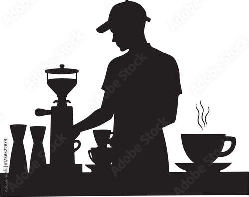 Silhouette of a barista preparing coffee with grinder and cups