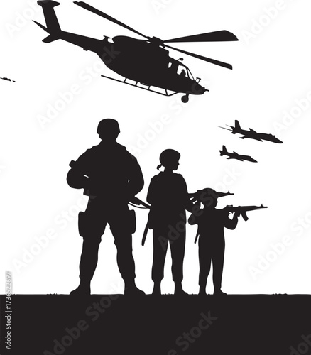 Soldier protecting children with helicopter above