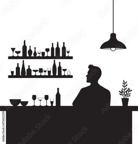 Silhouette man at bar with bottles and glasses bartender